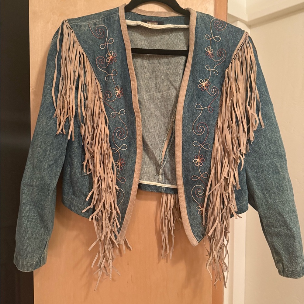 Vintage Embroidered Denim Fringe Jacket